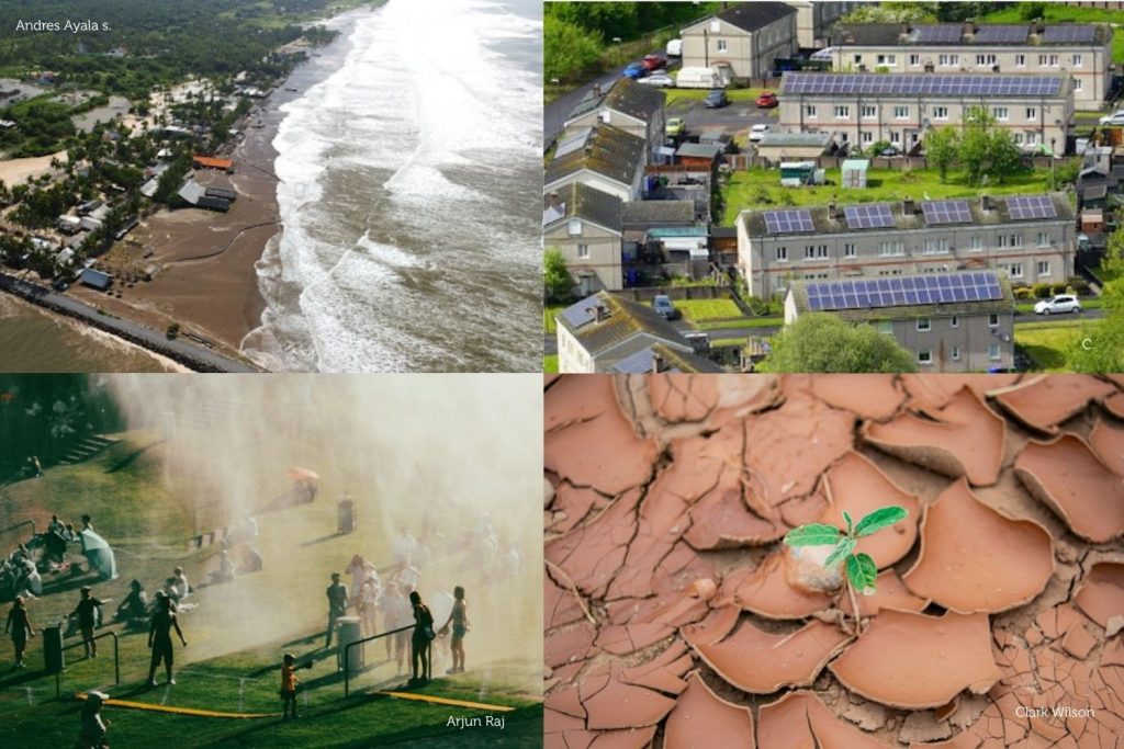 Collage fotográfico que representa los derechos humanos a ante la emergencia climática, elaborado con imágenes de Andres Ayala s., Clark Wilson, Arjun Raj y C, obtenidas en Unsplash