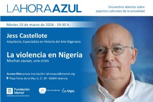 Tarjetón de La Hora Azul con Jess Castellote: "La violencia en Nigeria". 10 de marzo de 2026 en Mainel.