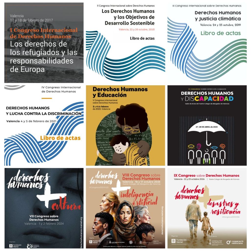 Mosaico con las imágenes de los 9 congresos sobre derechos humanos que ha celebrado hasta el momento Mainel: "Los derechos de los refugiados y las responsabilidades de Europa" (2017), "Los Objetivos de Desarrollo Sostenible" (2018), "Justicia Climática" (2019), "Lucha contra la Discriminación" (2021), "Educación" (2022), "Discapacidad" (2023), "Cultura" (2024), "Inteligencia artificial" (2025) y "Desastres y Resiliencia" (2026)