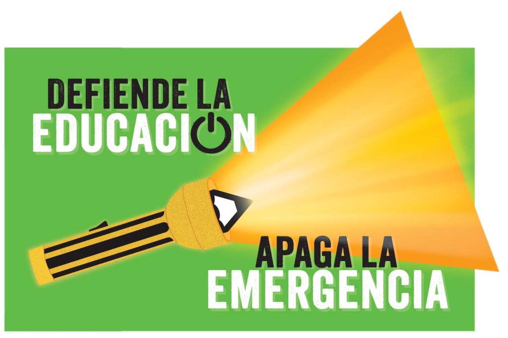 Cartel promocional de la campaña mundial por la educación. Su texto dice: "Defiende la educación, apaga la emergencia" y se acompaña de una ilustración de un lápiz-linterna.