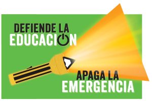 Cartel promocional de la campaña mundial por la educación. Su texto dice: "Defiende la educación, apaga la emergencia" y se acompaña de una ilustración de un lápiz-linterna.